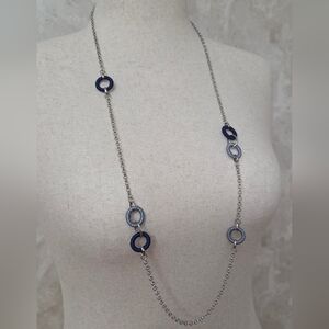 Silver Tone Long Necklace Blue & Gray Wrapped Ring Chain Statement Necklace